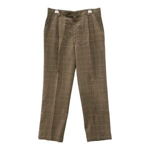 Austin Reed London Mens Brown Windowpane Plaid Pleated Dress Pants 33x31 USA